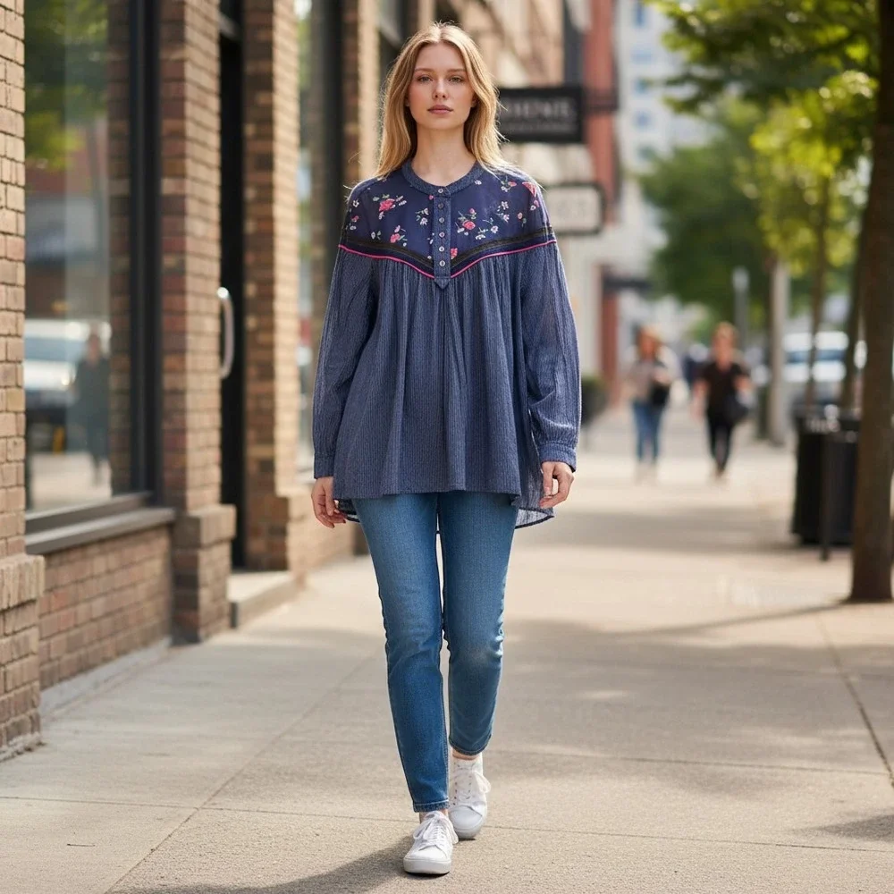 Free People Hearts and Colors Tunic Top Navy Blue Floral Stripe Mixed Media M
